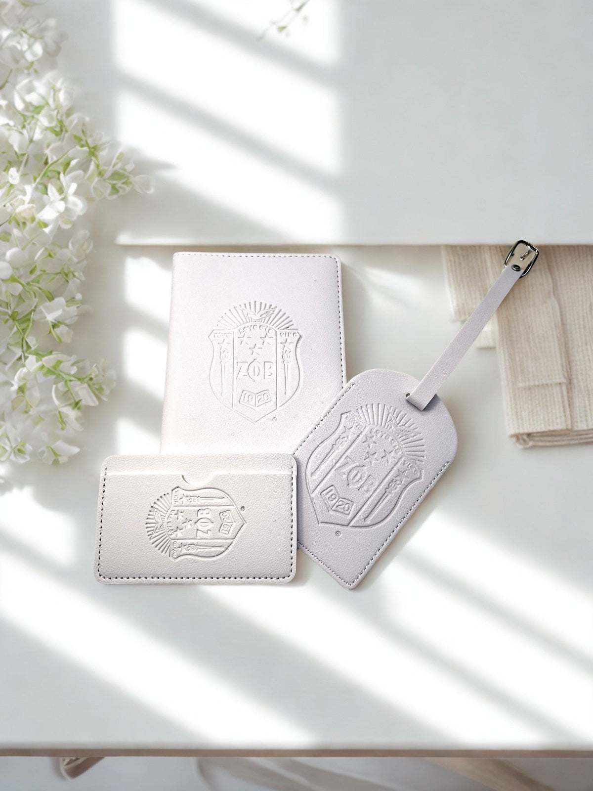 Zeta Phi Beta White 3pcs Travel Set, Passport Holder, Luggage Tag & Wallet SHIELD