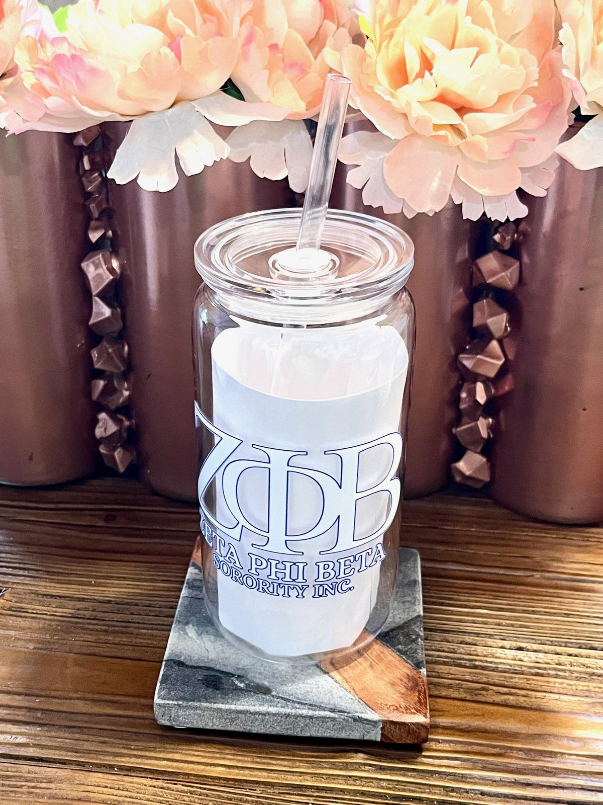 Zeta Phi Beta 16oz Cup with Lid and Straw White Letters