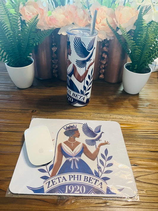 Zeta Phi Beta Queen Mouse Pad and Tumbler includes a straw and a cleaning tool.