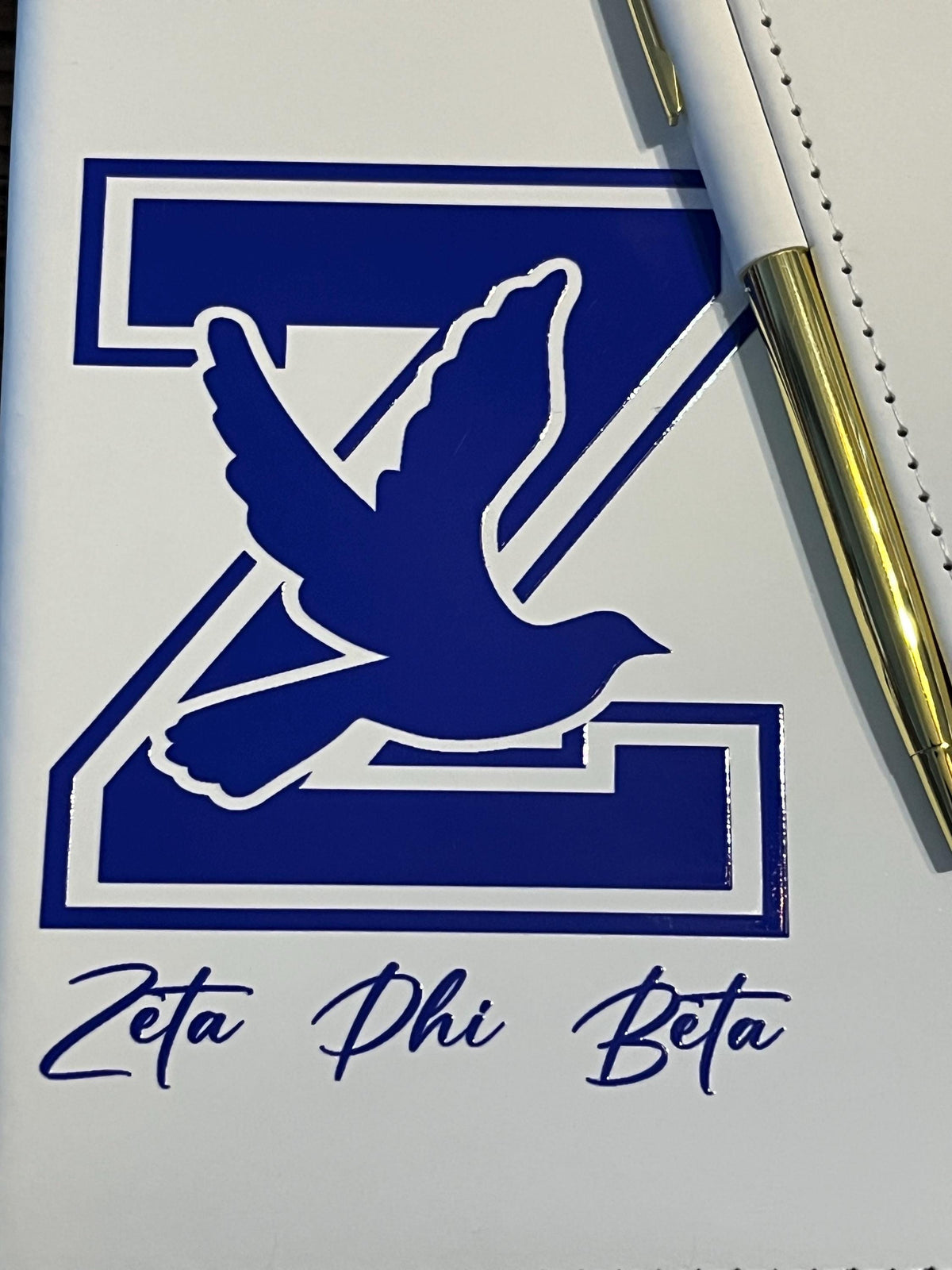 Zeta Phi Beta Inspired White/Royal Blue Sleek Flap Journal with Pen.