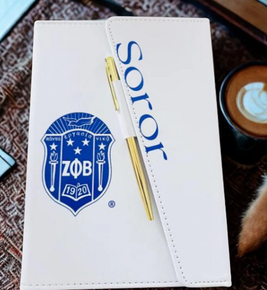 Zeta Phi Beta Inspired White/Royal Blue Sleek Flap Journal with Pen