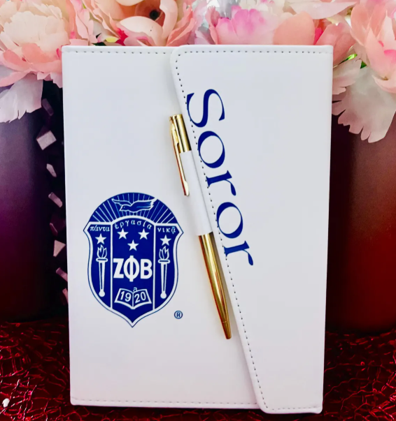 Zeta Phi Beta Inspired White/Royal Blue Sleek Flap Journal with Pen