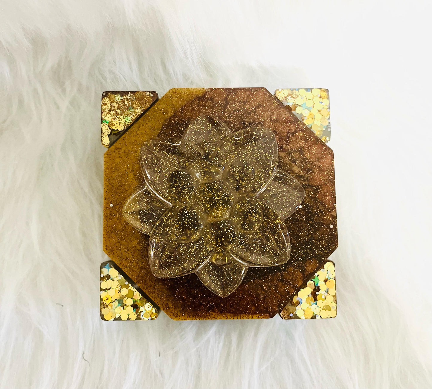 Handmade Resin Coaster: Gold Glitter Flower Decor