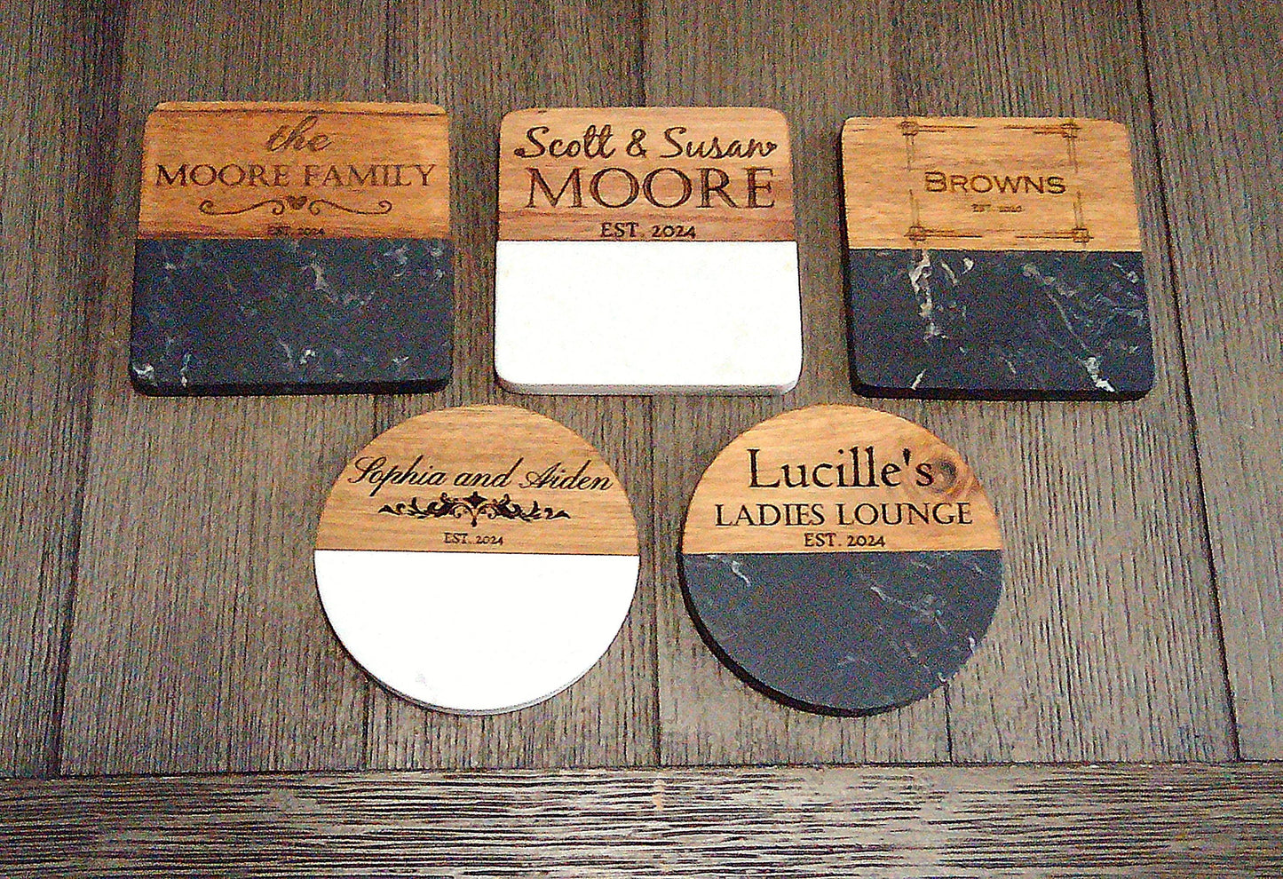 Engraved Marble Wood Coasters, Personalized Drink Coaster Set