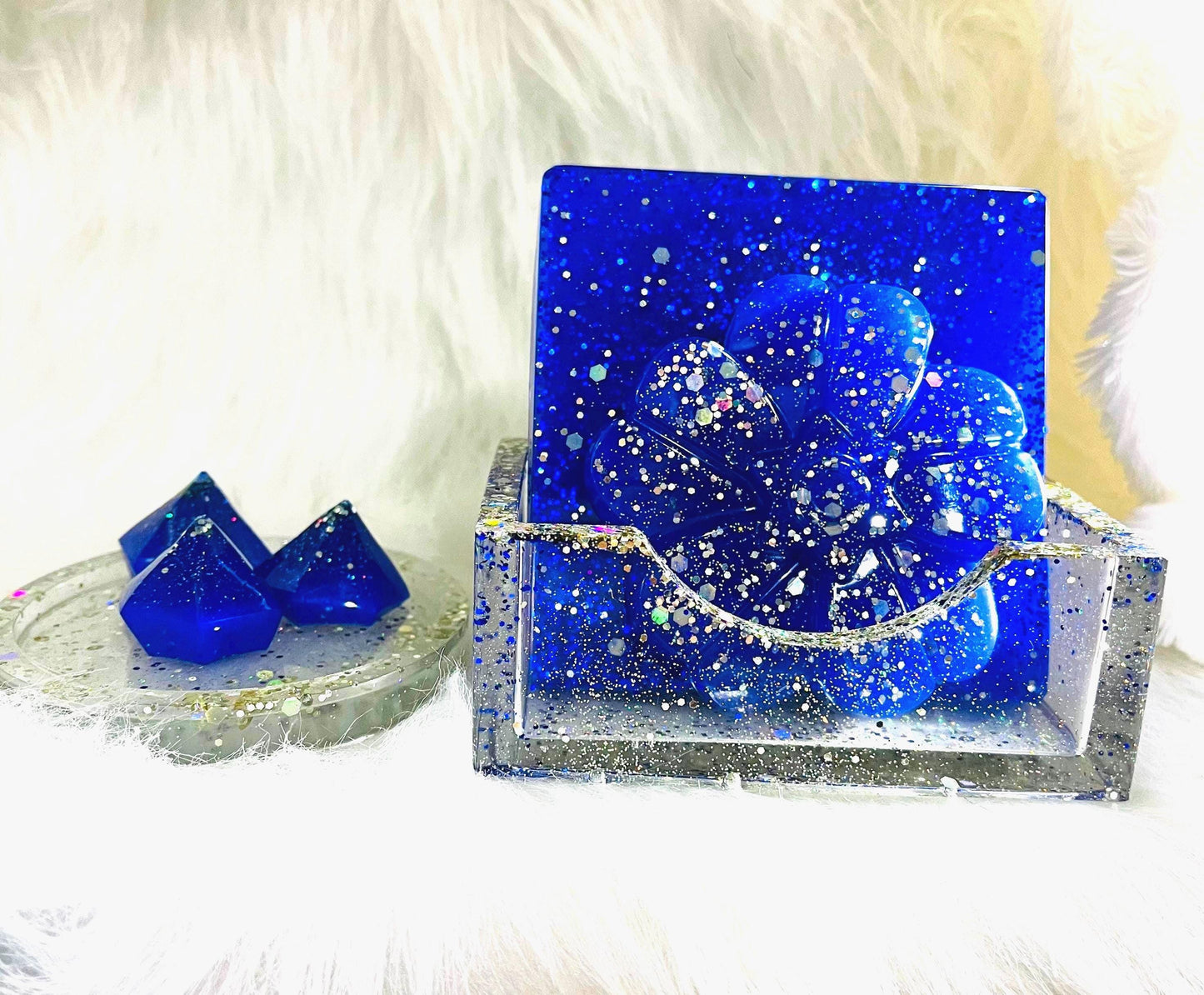 Handmade Resin Coaster Set: Royal Blue Sparkle