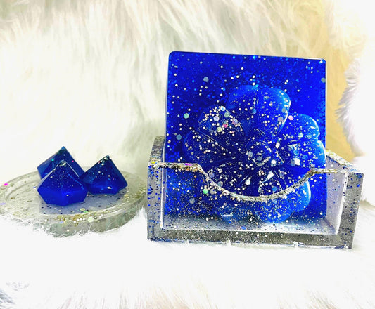 Handmade Resin Coaster Set: Royal Blue Sparkle