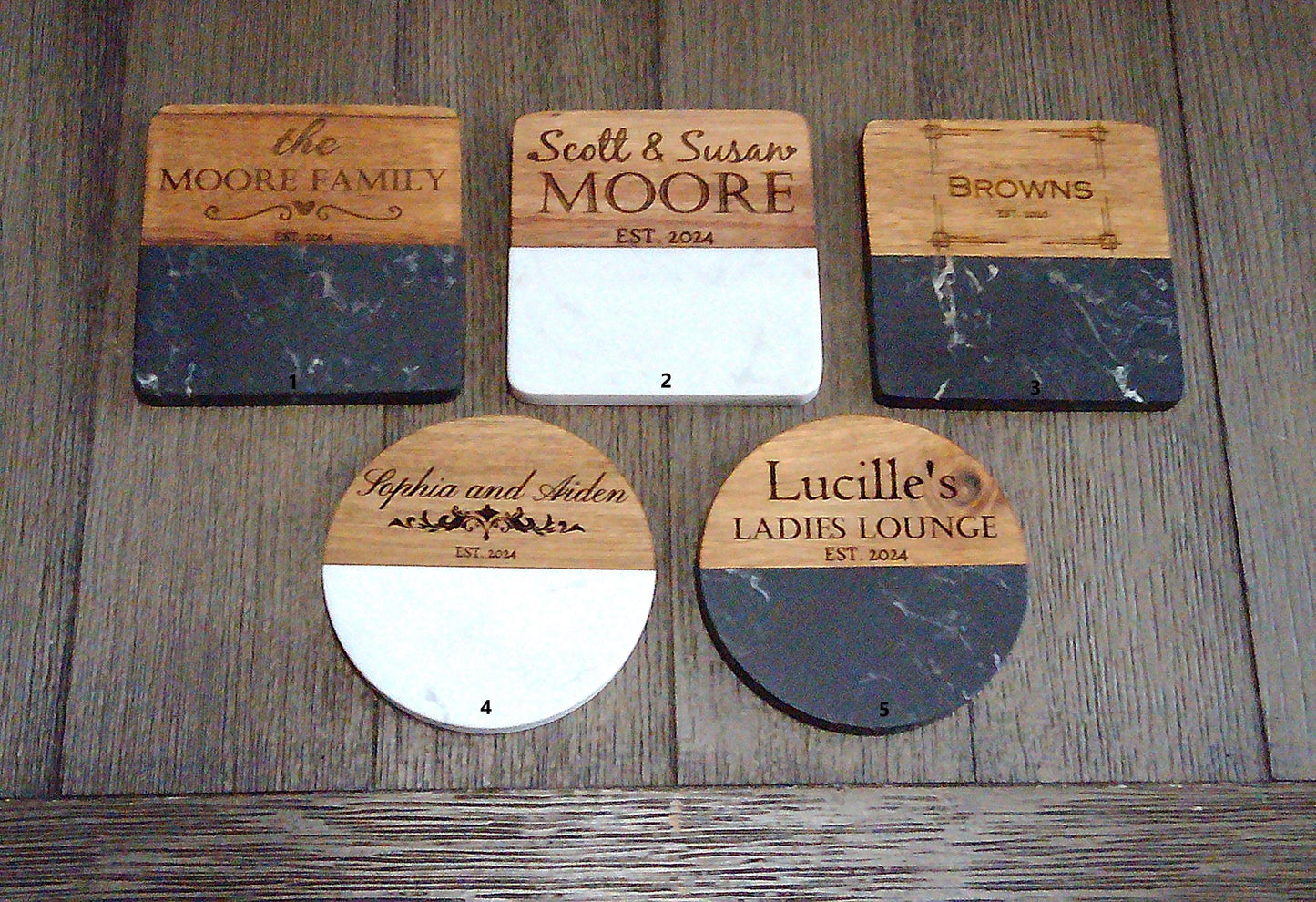 Engraved Marble Wood Coasters, Personalized Drink Coaster Set