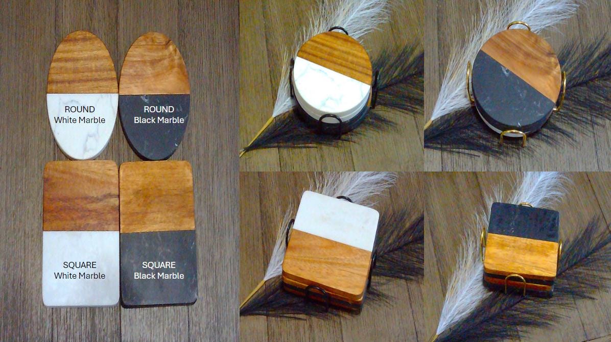 Engraved Marble Wood Coasters, Personalized Drink Coaster Set