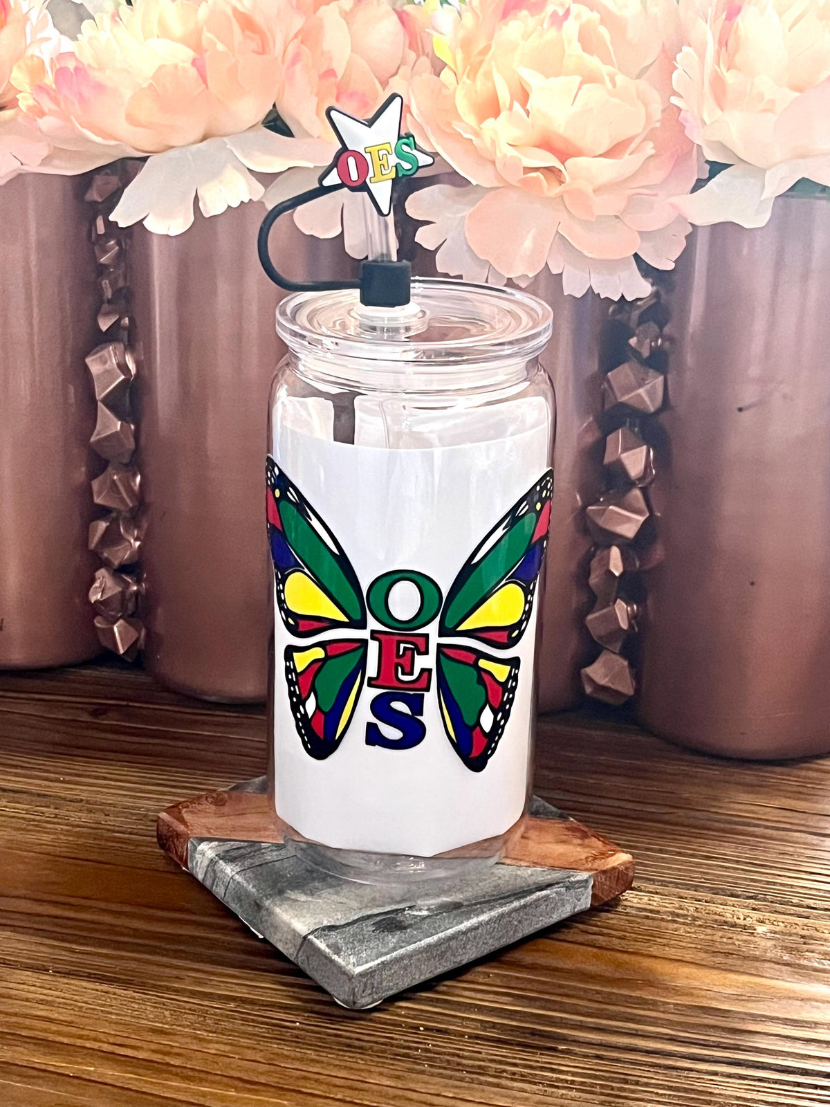 OES 16oz Cup with Straw and Straw Cover Butterfly