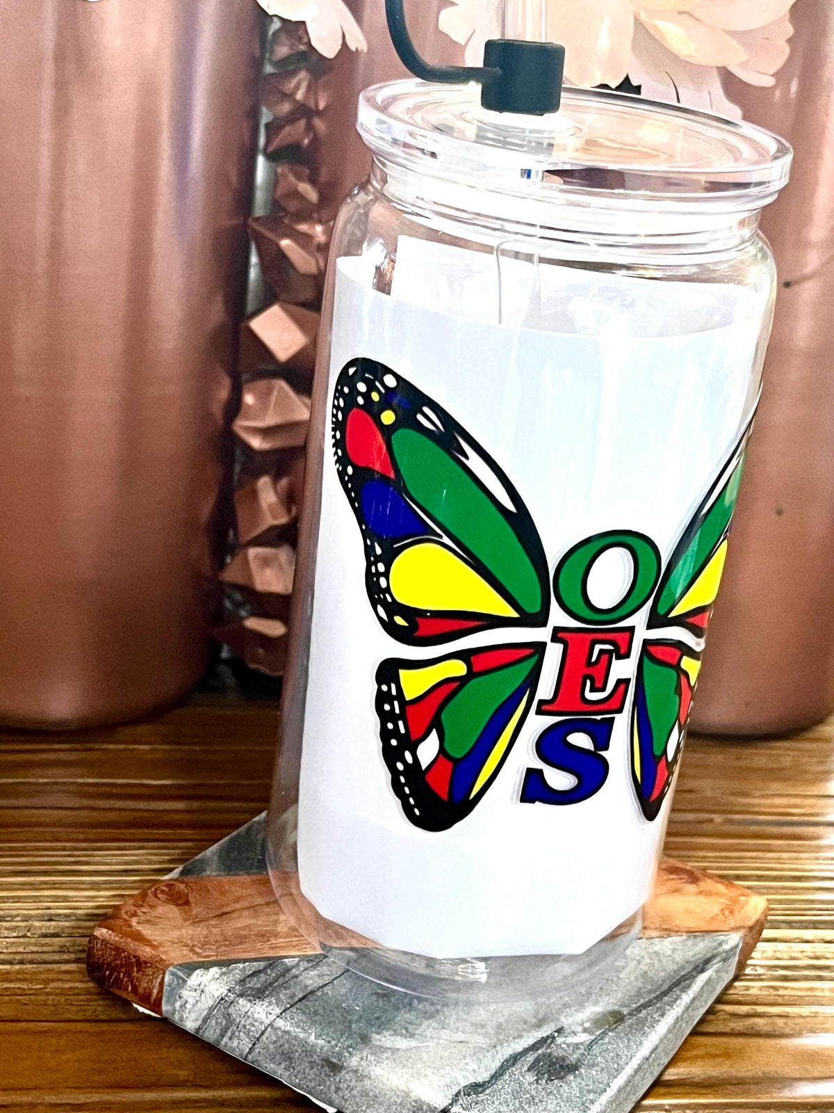 OES 16oz Cup with Straw and Straw Cover Butterfly