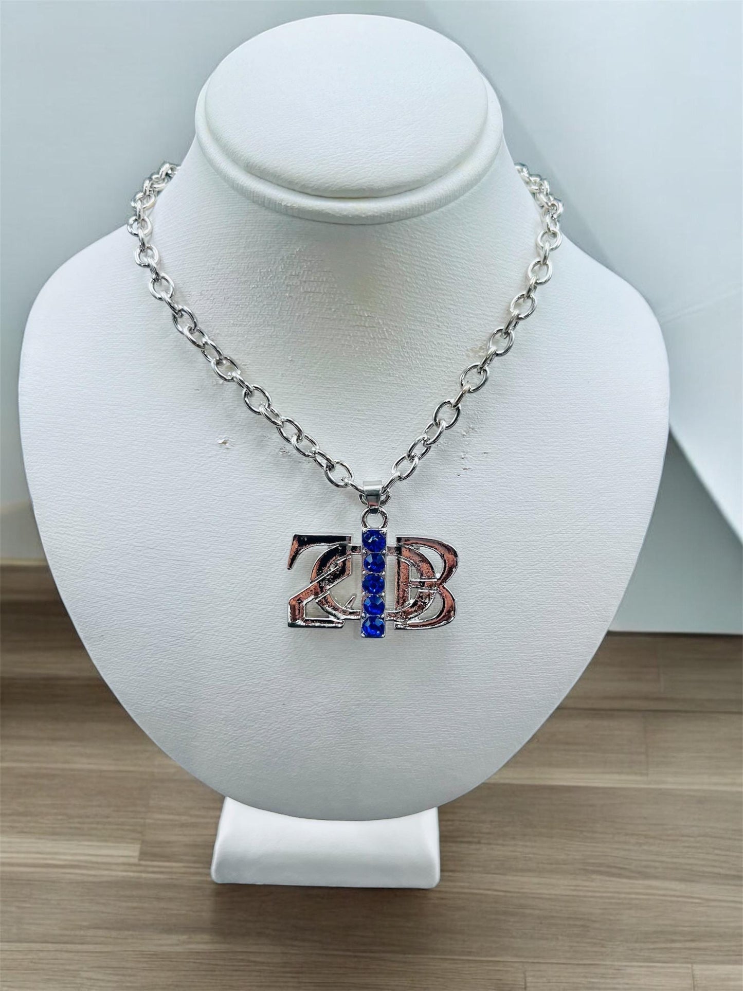 Zeta Phi Beta Silver Necklace with Blue Stones