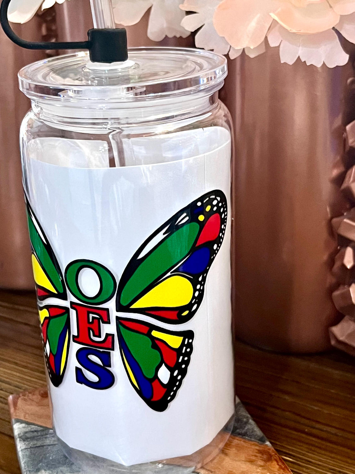OES 16oz Cup with Straw and Straw Cover Butterfly