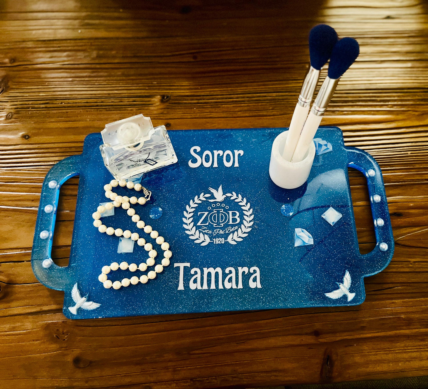 Personalize  Zeta Phi Beta vanity jewelry, perfume, or serving tray.