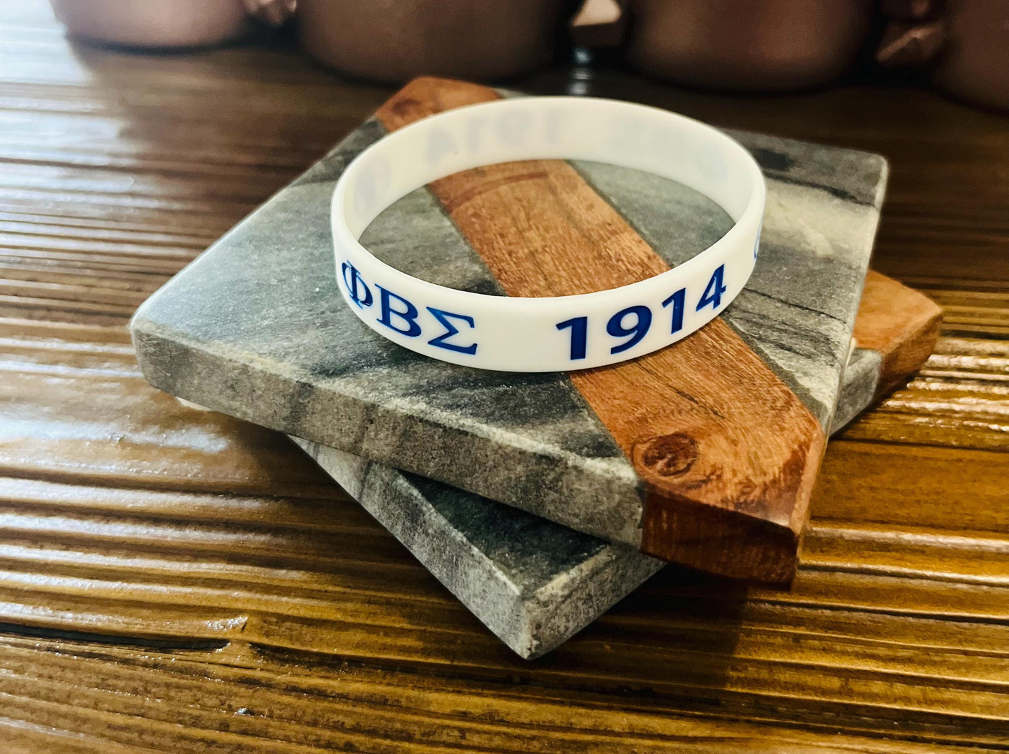 Phi Beta Sigma Fraternity White/Blue Silicone Rubber Wristband"ΦBΣ" 1914