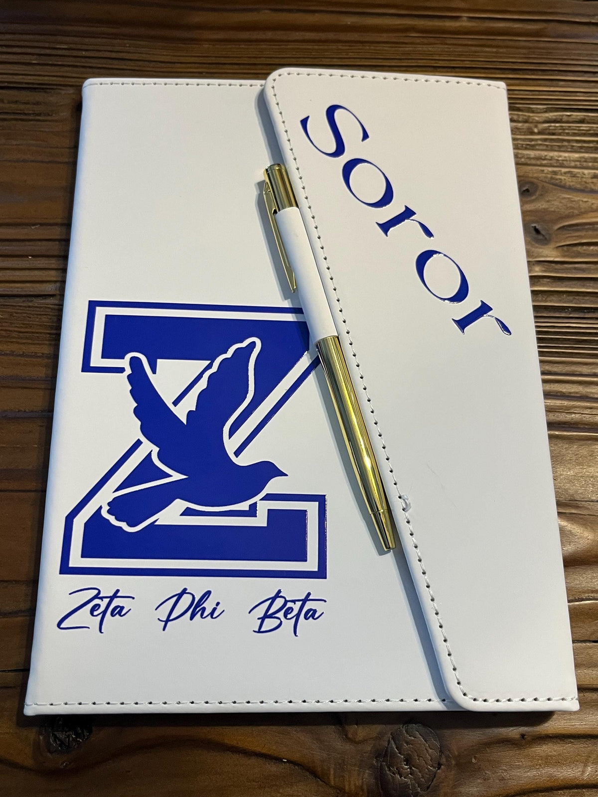 Zeta Phi Beta Inspired White/Royal Blue Sleek Flap Journal with Pen.