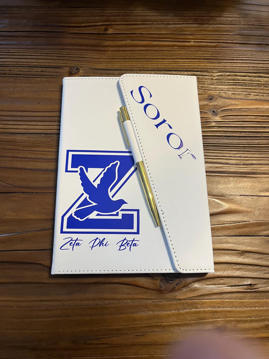 Zeta Phi Beta Inspired White/Royal Blue Sleek Flap Journal with Pen.