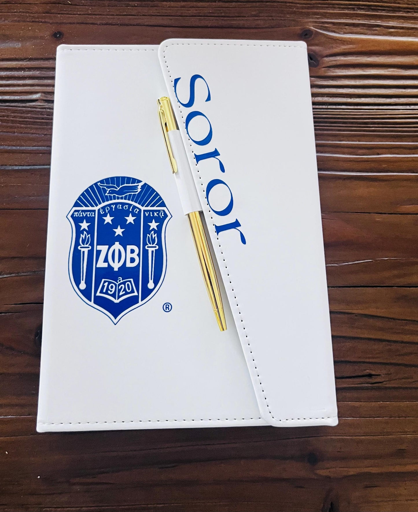 Zeta Phi Beta Refillable White/Royal Blue Sleek Flap Journal with Pen.