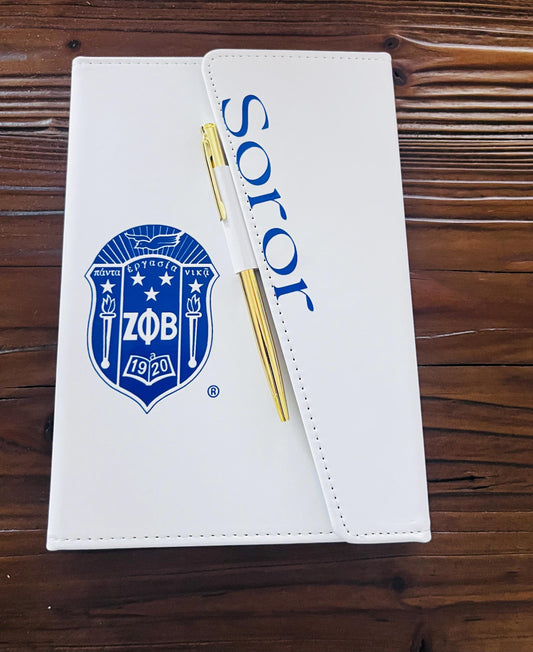 Zeta Phi Beta Inspired White/Royal Blue Sleek Flap Journal with Pen