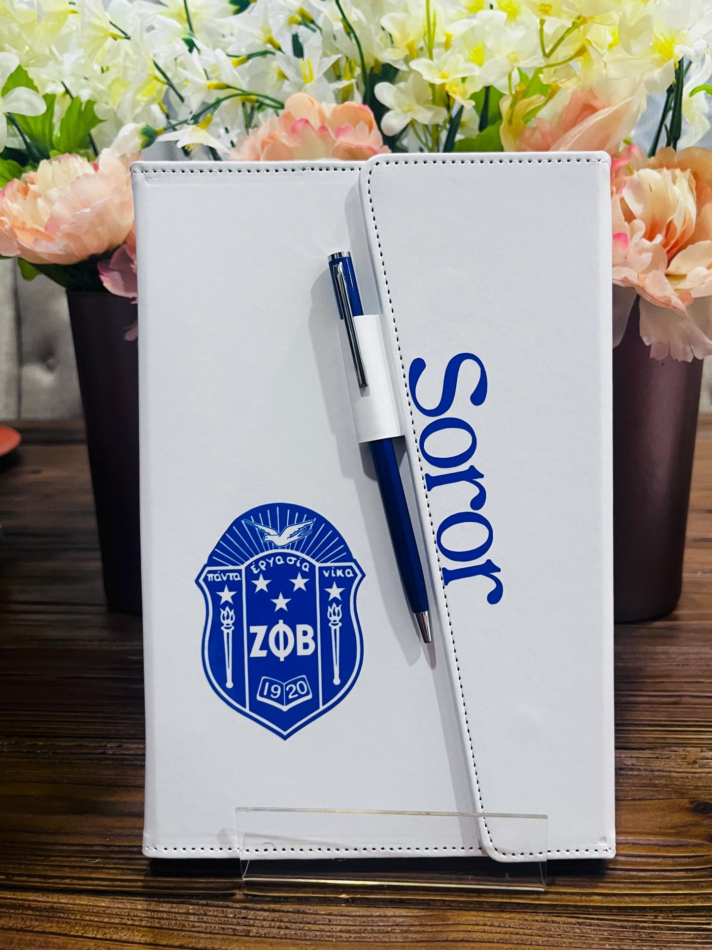 Zeta Phi Beta Refillable White/Royal Blue Sleek Flap Journal with Pen.