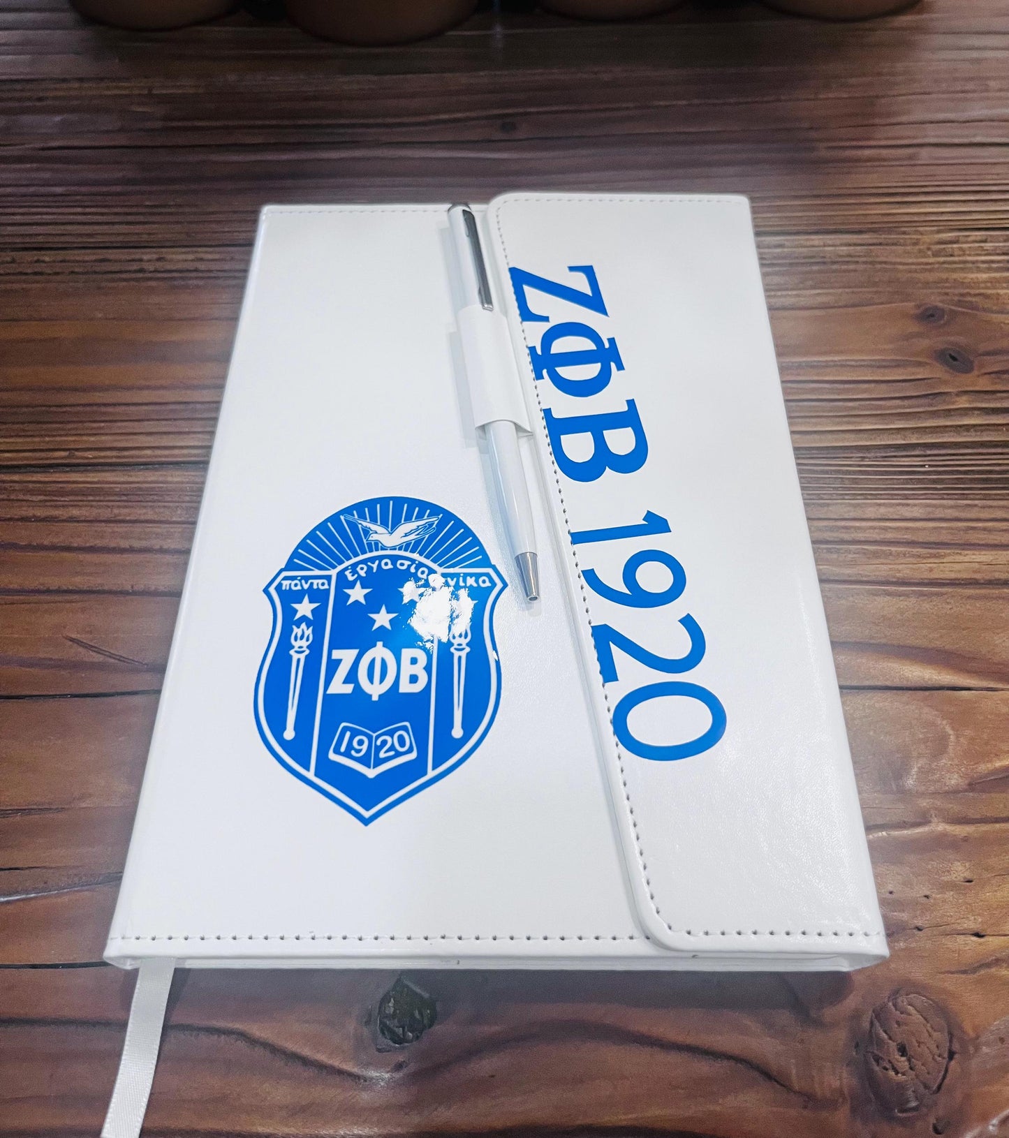 Zeta Phi Beta 1920 White/Royal Blue Sleek Flap Journal with Pen.