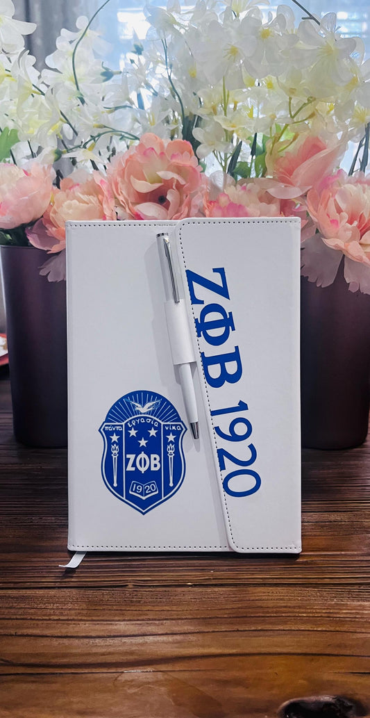 Zeta Phi Beta 1920 White/Royal Blue Sleek Flap Journal with Pen.