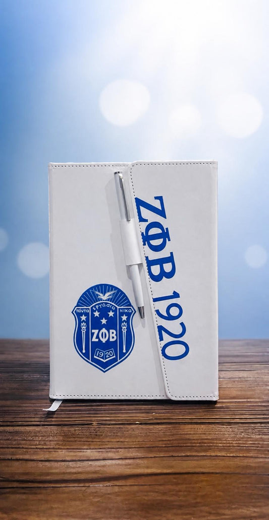 Zeta Phi Beta 1920 White/Royal Blue Sleek Flap Journal with Pen.