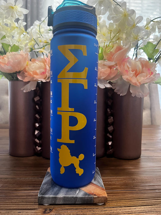 Sigma Gamma Rho 32 oz water bottle with the iconic letters