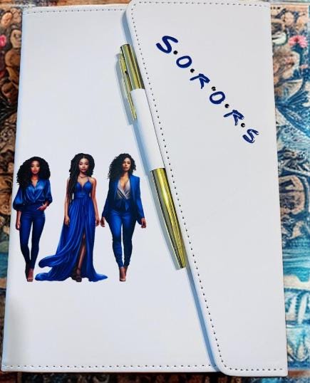 Zeta Sisterhood Inspired White/Royal Blue Sleek Flap Journal with Pen.