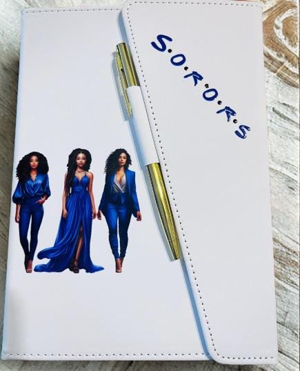 Zeta Sisterhood Inspired White/Royal Blue Sleek Flap Journal with Pen.