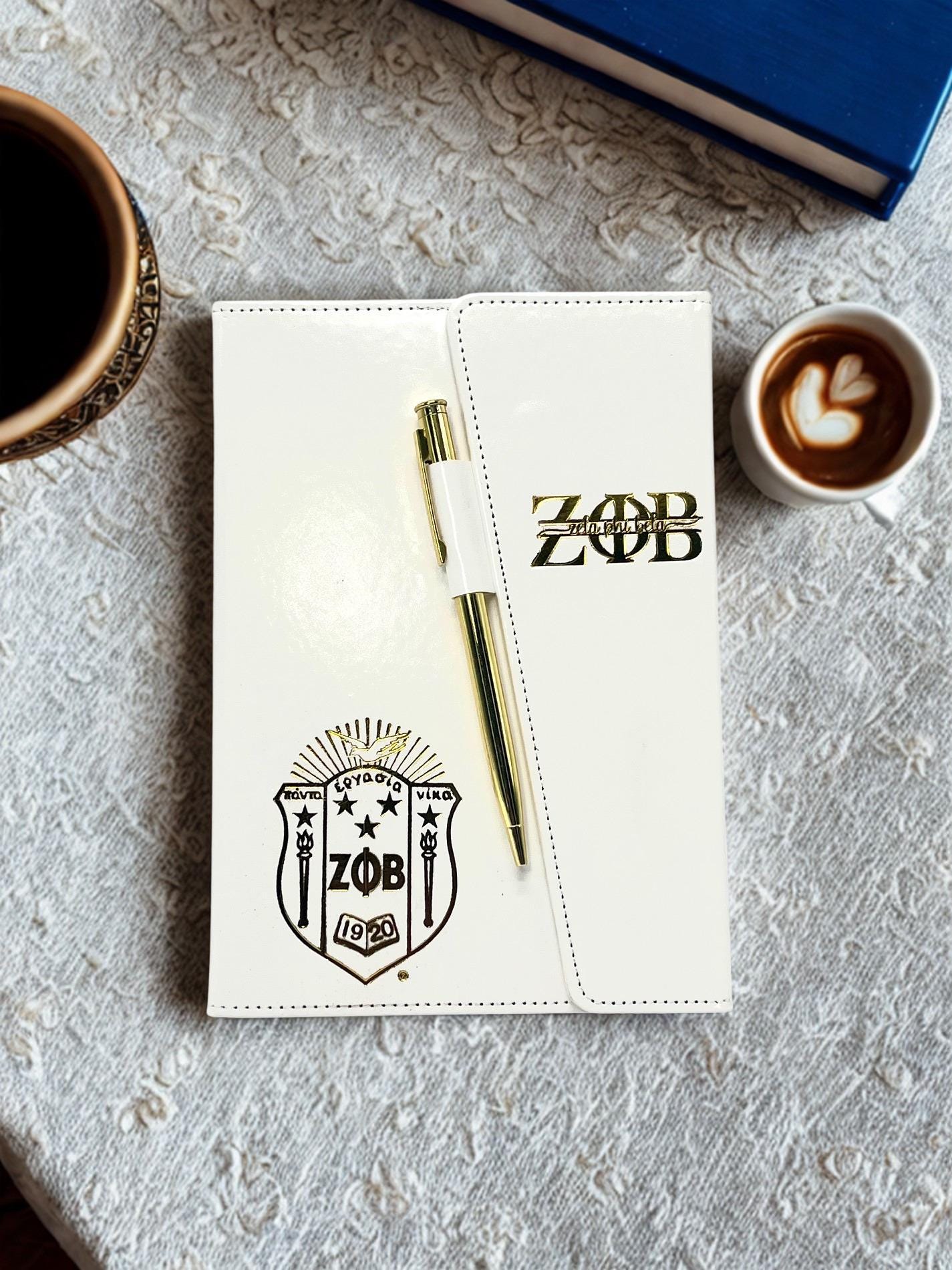 Zeta Phi Beta Inspired White/Gold Sleek Flap Journal with Pen