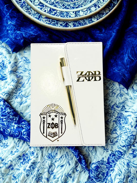 Zeta Phi Beta Inspired White/Gold Sleek Flap Journal with Pen