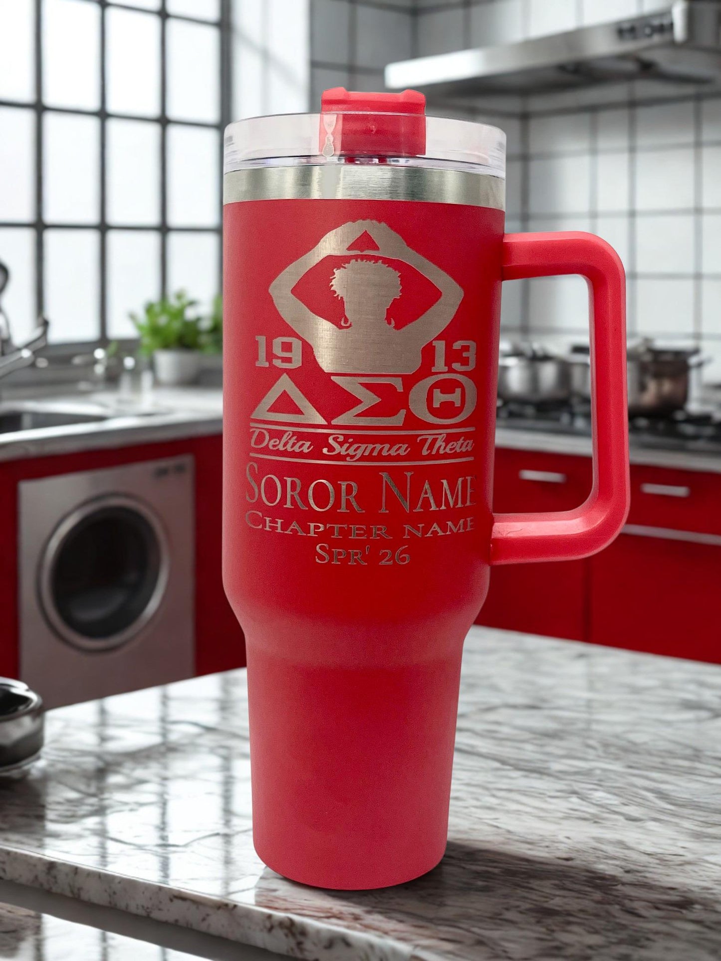 Delta Sigma Theta Custom Laser Engraved Tumbler 40oz Hands Overhead