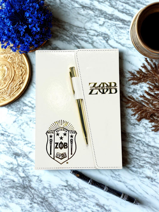 Zeta Phi Beta Inspired White/Gold Sleek Flap Journal with Pen