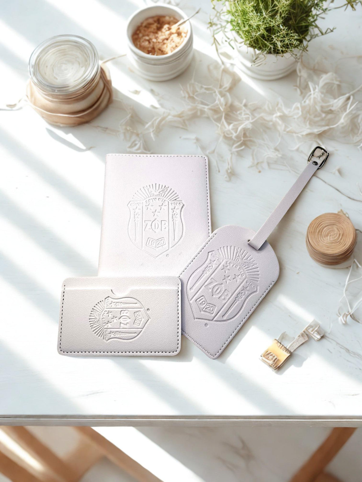 Zeta Phi Beta White 3pcs Travel Set, Passport Holder, Luggage Tag & Wallet SHIELD